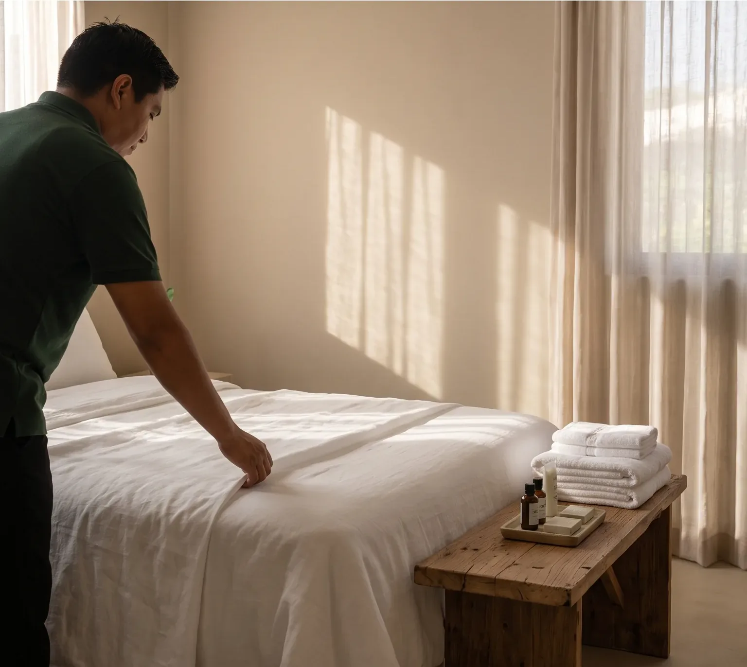 Arrumação da cama com luz natural no quarto