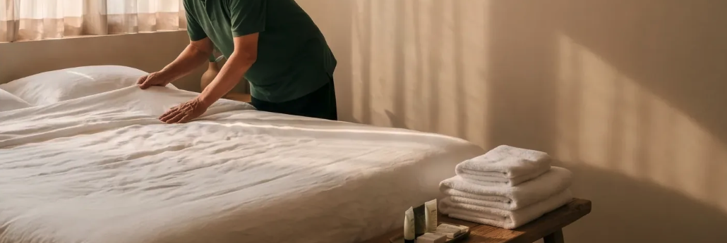 Profissional da Keep Host arrumando a cama com enxoval limpo
